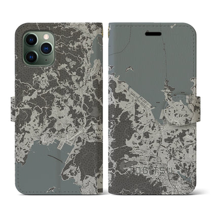 【時津（長崎県）】地図柄iPhoneケース（手帳タイプ）モノトーン・iPhone 11 Pro 用