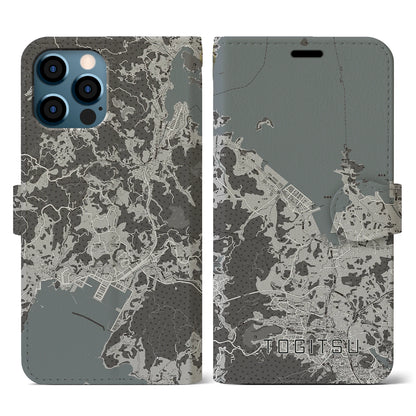 【時津（長崎県）】地図柄iPhoneケース（手帳タイプ）モノトーン・iPhone 12 / 12 Pro 用