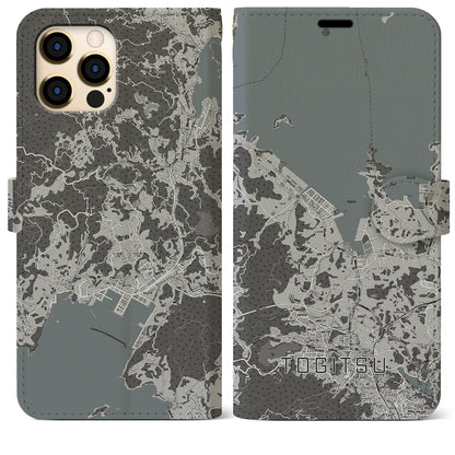 【時津（長崎県）】地図柄iPhoneケース（手帳タイプ）モノトーン・iPhone 12 Pro Max 用