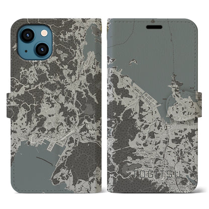 【時津（長崎県）】地図柄iPhoneケース（手帳タイプ）モノトーン・iPhone 13 用