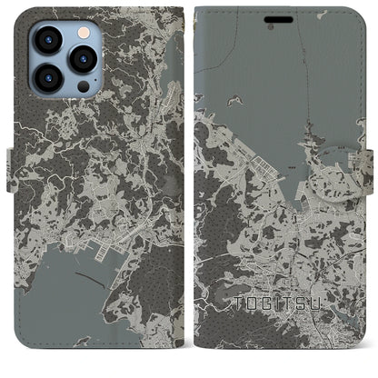 【時津（長崎県）】地図柄iPhoneケース（手帳タイプ）モノトーン・iPhone 13 Pro Max 用