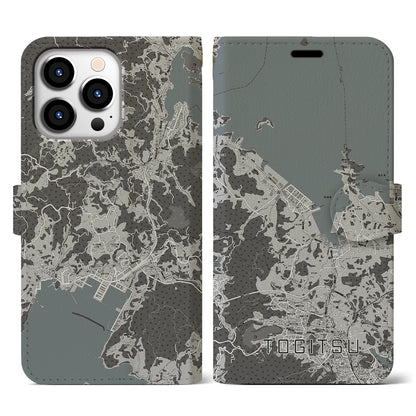 【時津（長崎県）】地図柄iPhoneケース（手帳タイプ）モノトーン・iPhone 13 Pro 用