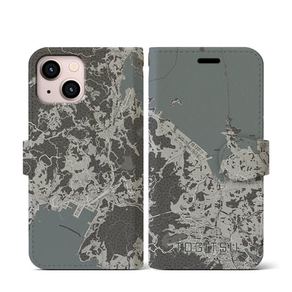 【時津（長崎県）】地図柄iPhoneケース（手帳タイプ）モノトーン・iPhone 13 mini 用