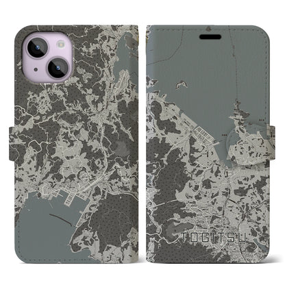 【時津（長崎県）】地図柄iPhoneケース（手帳タイプ）モノトーン・iPhone 14 用