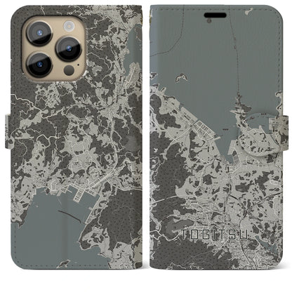 【時津（長崎県）】地図柄iPhoneケース（手帳タイプ）モノトーン・iPhone 14 Pro Max 用