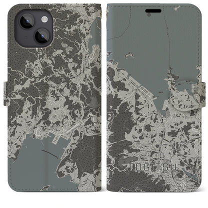 【時津（長崎県）】地図柄iPhoneケース（手帳タイプ）モノトーン・iPhone 14 Plus 用