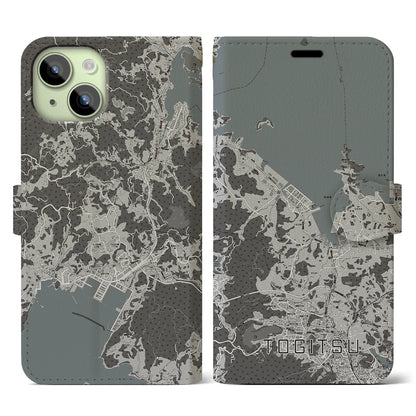 【時津（長崎県）】地図柄iPhoneケース（手帳タイプ）モノトーン・iPhone 15 用