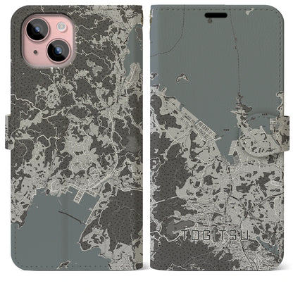 【時津（長崎県）】地図柄iPhoneケース（手帳タイプ）モノトーン・iPhone 15 Plus 用