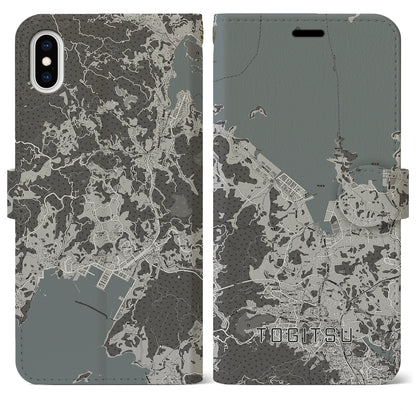 【時津（長崎県）】地図柄iPhoneケース（手帳タイプ）モノトーン・iPhone XS Max 用