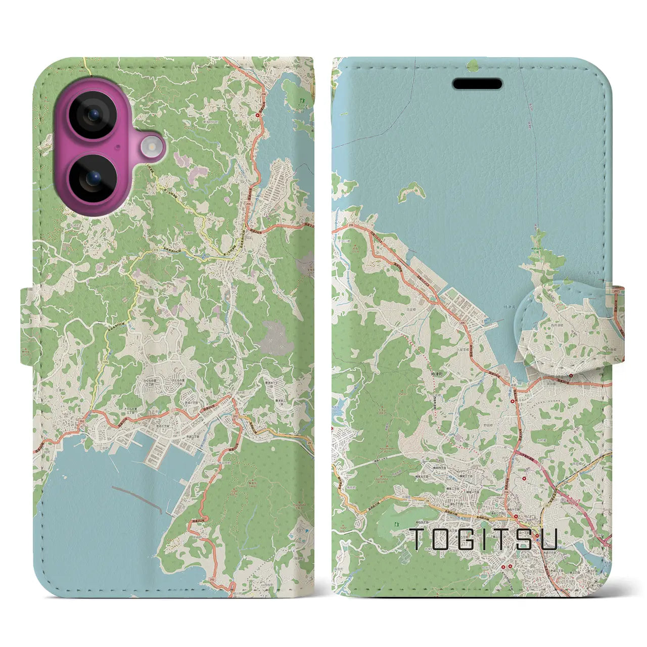 【時津（長崎県）】地図柄iPhoneケース（手帳タイプ）ナチュラル・iPhone 16 Pro 用