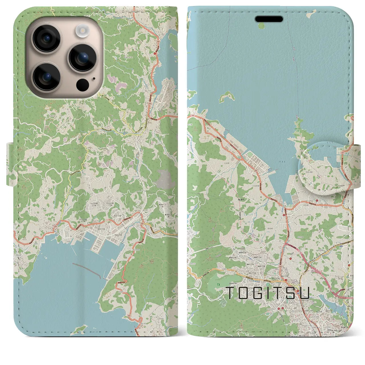 【時津（長崎県）】地図柄iPhoneケース（手帳タイプ）ナチュラル・iPhone 16 Plus 用