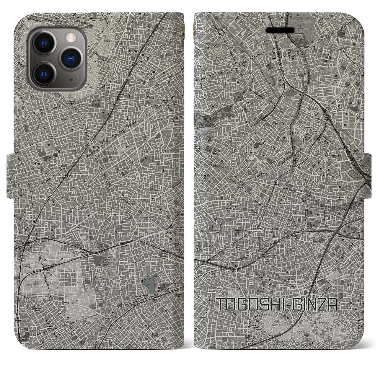 【戸越銀座】地図柄iPhoneケース（手帳両面タイプ・モノトーン）iPhone 11 Pro Max 用