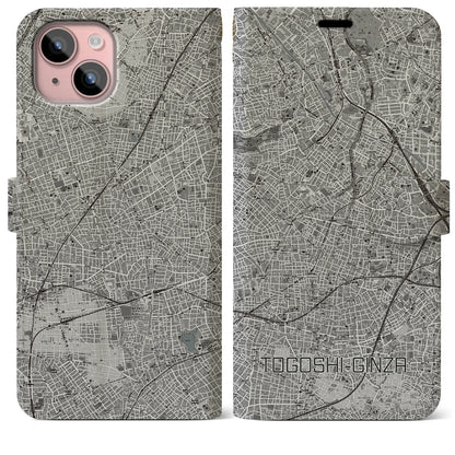 【戸越銀座（東京都）】地図柄iPhoneケース（手帳タイプ）モノトーン・iPhone 15 Plus 用