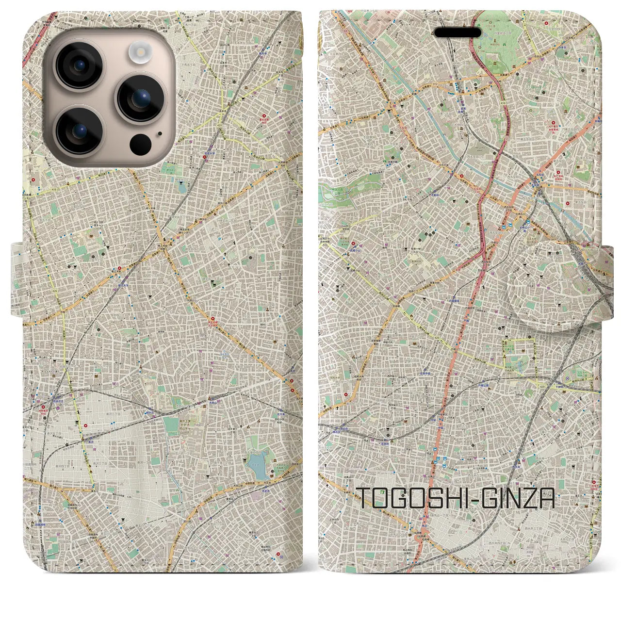 【戸越銀座（東京都）】地図柄iPhoneケース（手帳タイプ）ナチュラル・iPhone 16 Plus 用