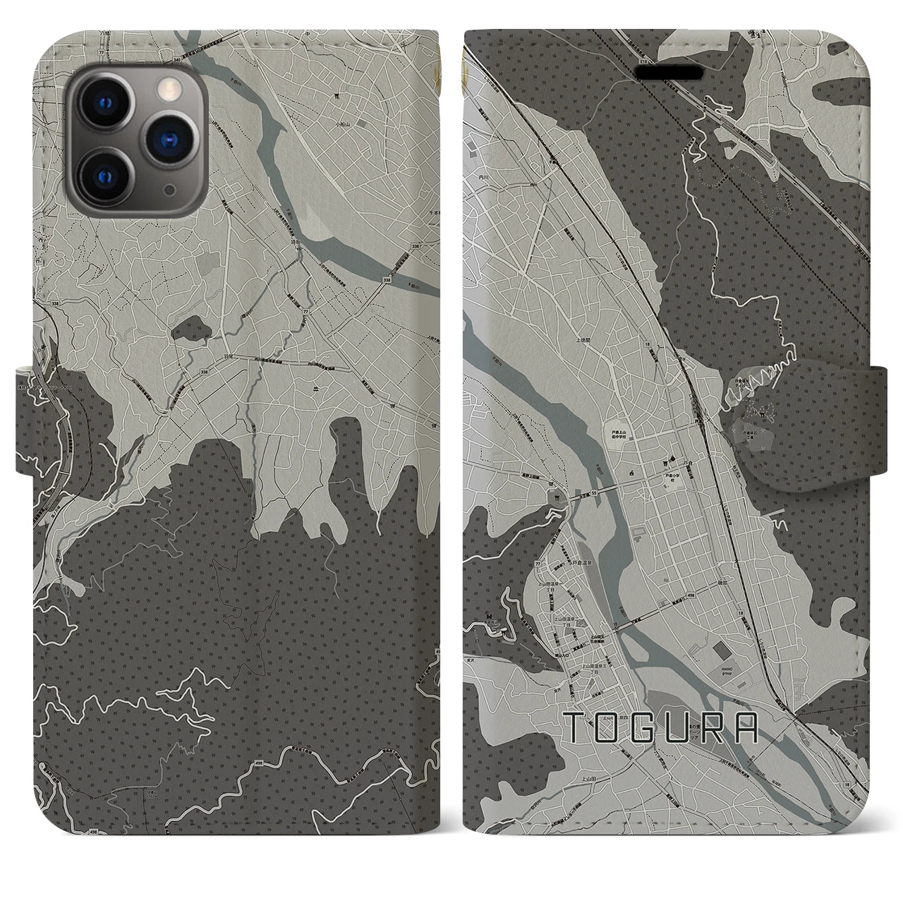 【戸倉】地図柄iPhoneケース（手帳両面タイプ・モノトーン）iPhone 11 Pro Max 用
