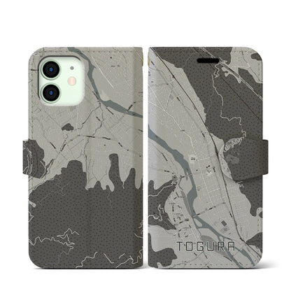 【戸倉（長野県）】地図柄iPhoneケース（手帳タイプ）モノトーン・iPhone 12 mini 用