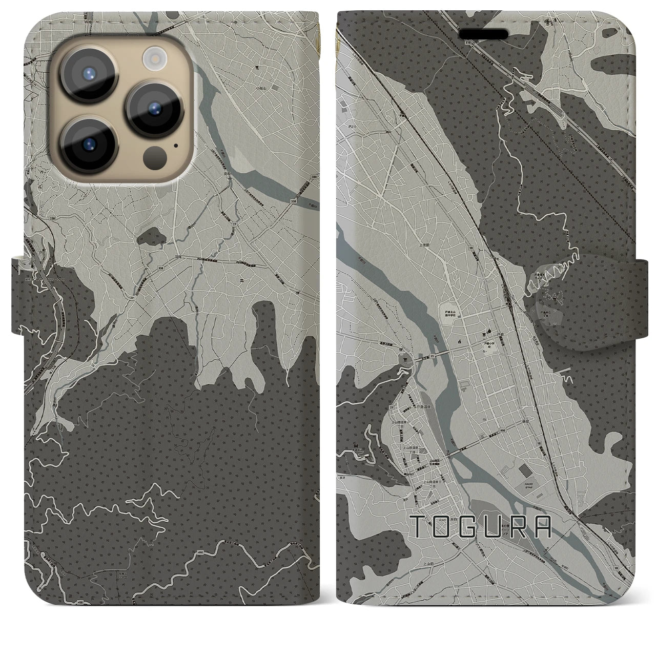 【戸倉】地図柄iPhoneケース（手帳両面タイプ・モノトーン）iPhone 14 Pro Max 用