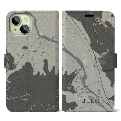 【戸倉（長野県）】地図柄iPhoneケース（手帳タイプ）モノトーン・iPhone 15 用