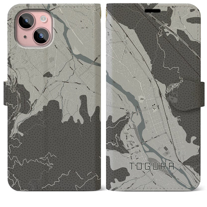 【戸倉（長野県）】地図柄iPhoneケース（手帳タイプ）モノトーン・iPhone 15 Plus 用