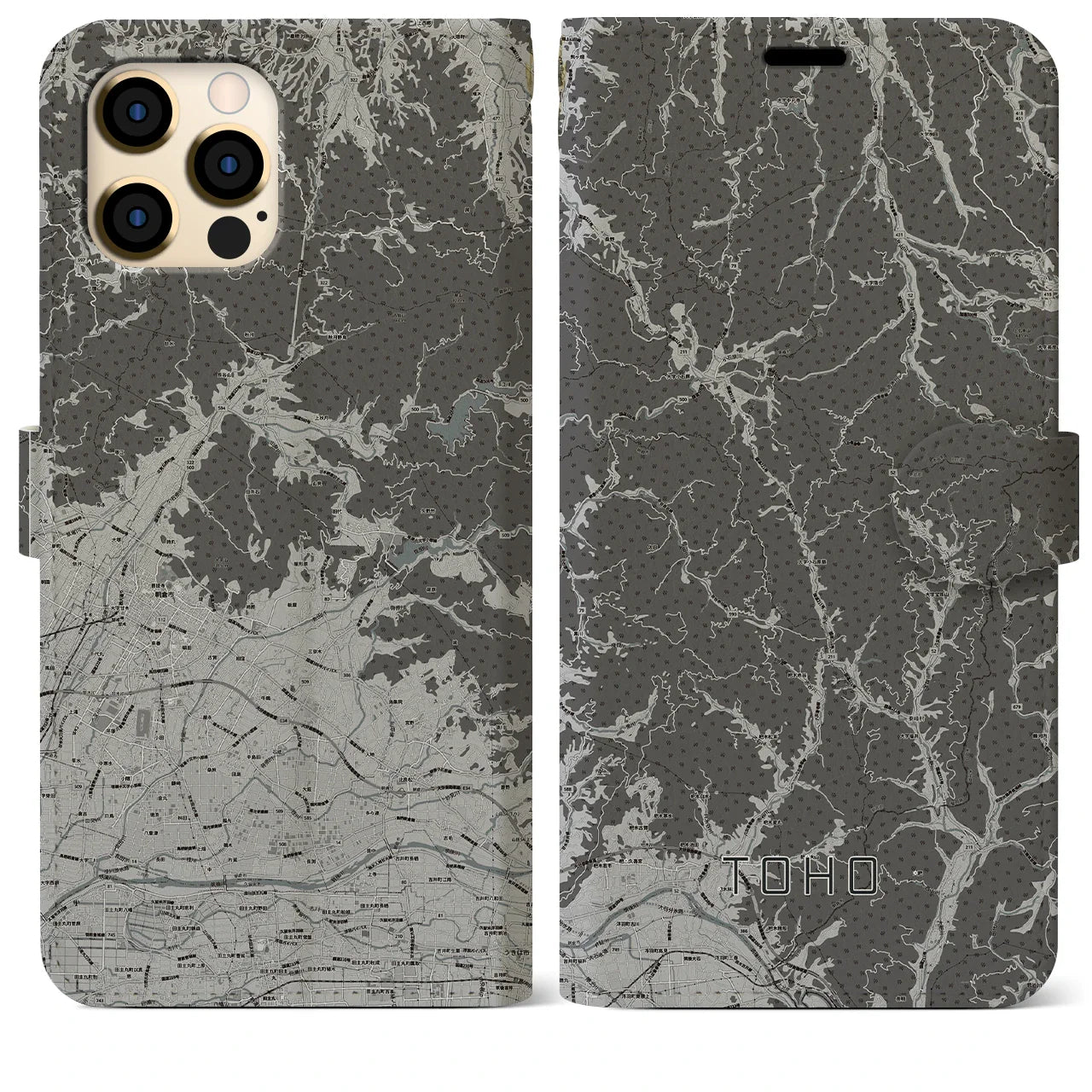 【東峰（福岡県）】地図柄iPhoneケース（手帳タイプ）モノトーン・iPhone 12 Pro Max 用