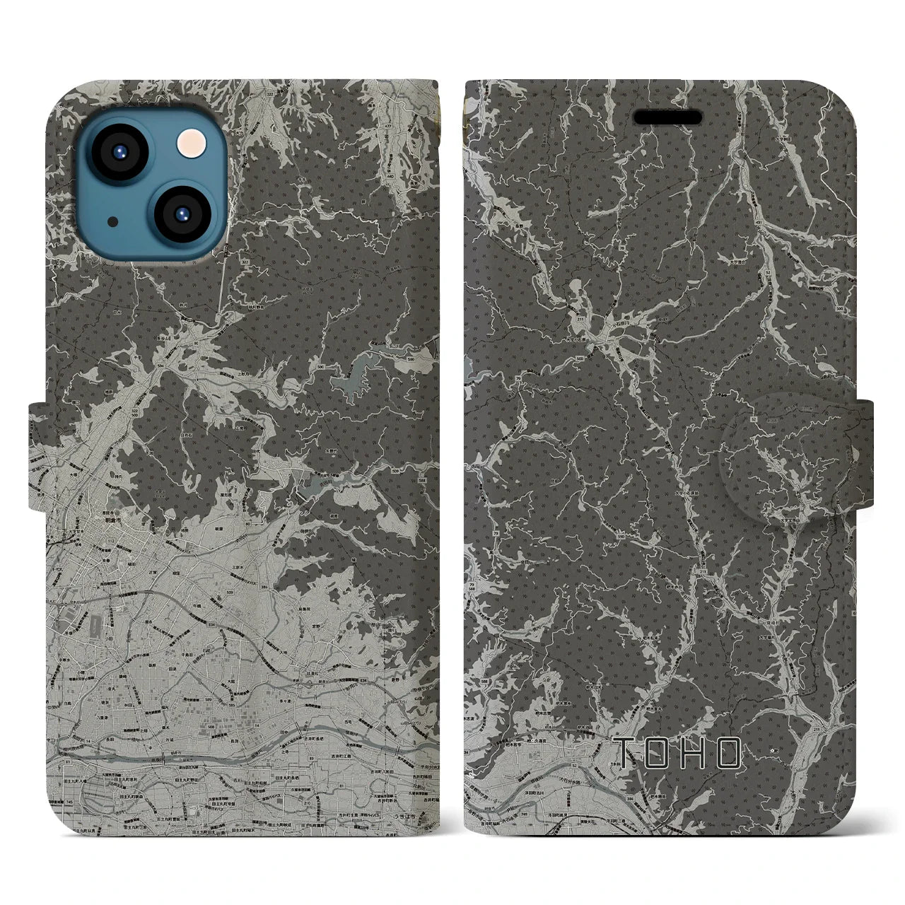 【東峰（福岡県）】地図柄iPhoneケース（手帳タイプ）モノトーン・iPhone 13 用
