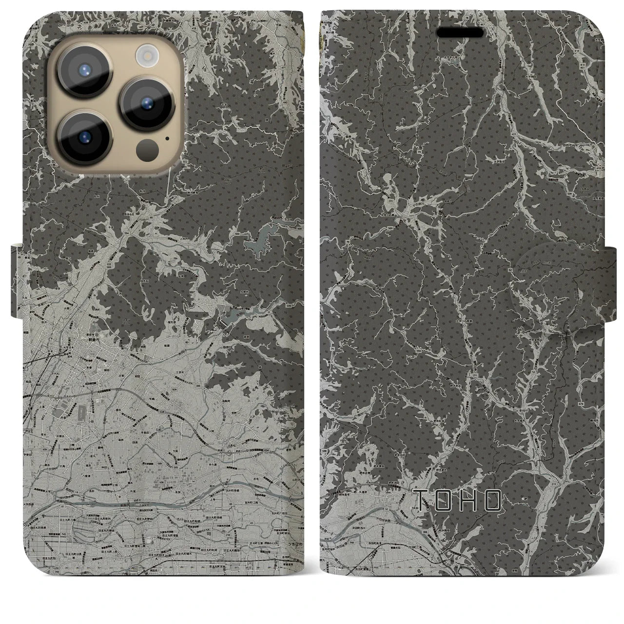 【東峰（福岡県）】地図柄iPhoneケース（手帳タイプ）モノトーン・iPhone 14 Pro Max 用