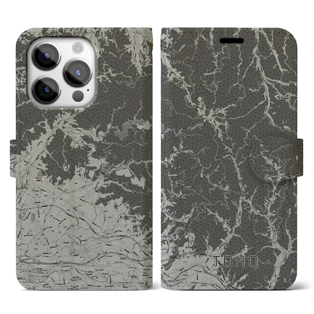 【東峰（福岡県）】地図柄iPhoneケース（手帳タイプ）モノトーン・iPhone 14 Pro 用
