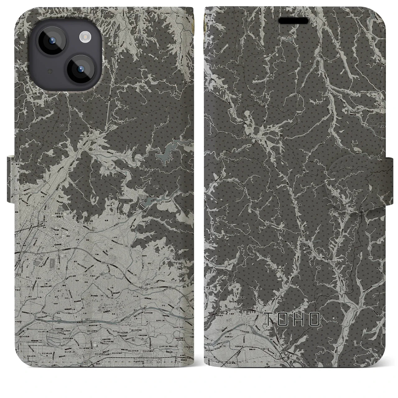 【東峰（福岡県）】地図柄iPhoneケース（手帳タイプ）モノトーン・iPhone 14 Plus 用