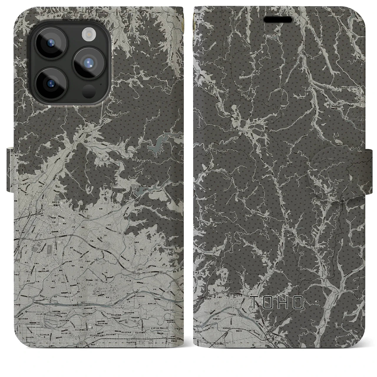 【東峰（福岡県）】地図柄iPhoneケース（手帳タイプ）モノトーン・iPhone 15 Pro Max 用