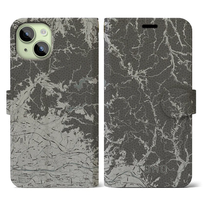 【東峰（福岡県）】地図柄iPhoneケース（手帳タイプ）モノトーン・iPhone 15 用