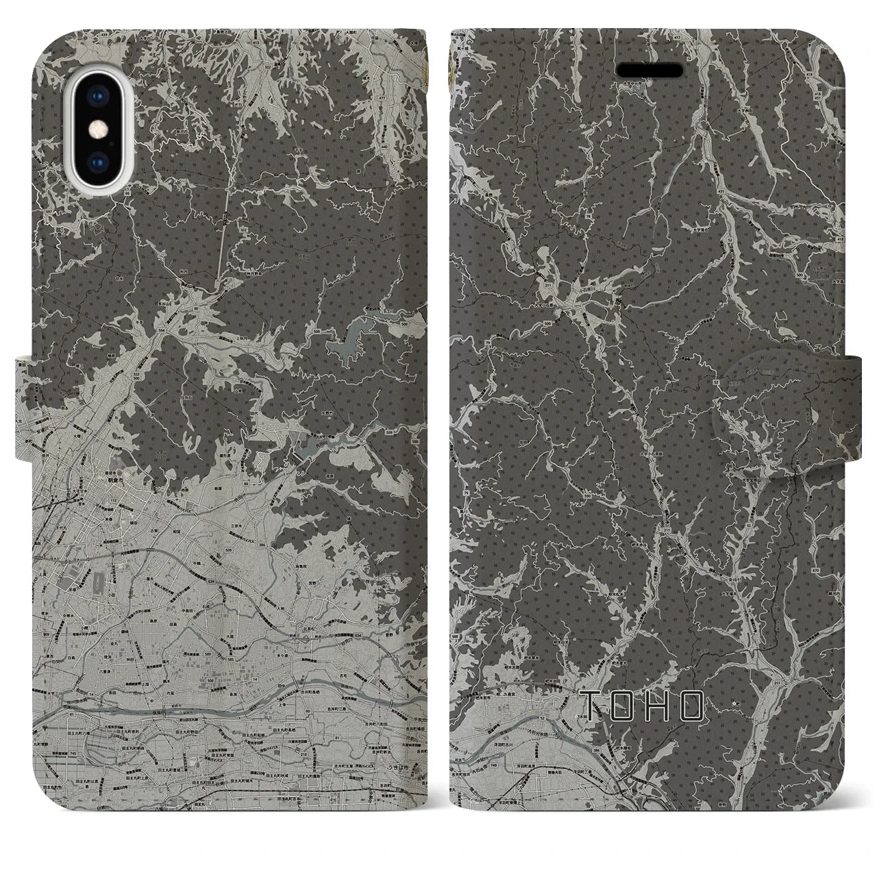 【東峰（福岡県）】地図柄iPhoneケース（手帳タイプ）モノトーン・iPhone XS Max 用
