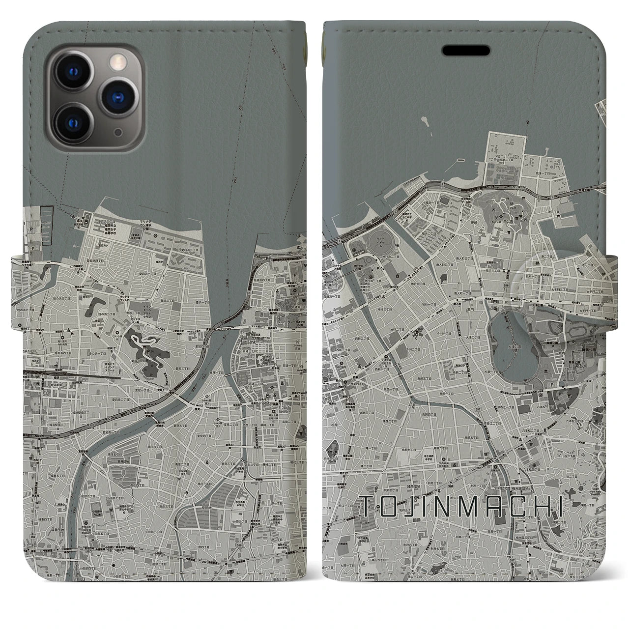 【唐人町】地図柄iPhoneケース（手帳両面タイプ・モノトーン）iPhone 11 Pro Max 用