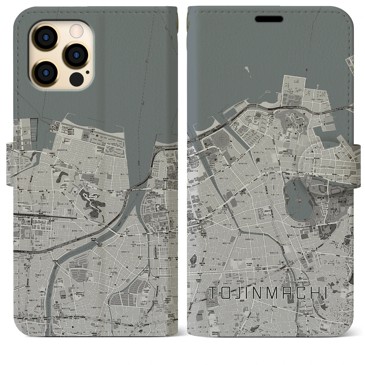 【唐人町】地図柄iPhoneケース（手帳両面タイプ・モノトーン）iPhone 12 Pro Max 用
