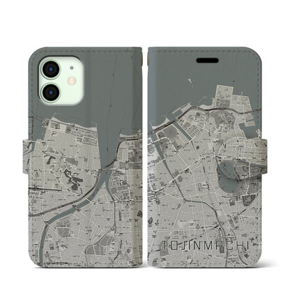 【唐人町（福岡県）】地図柄iPhoneケース（手帳タイプ）モノトーン・iPhone 12 mini 用