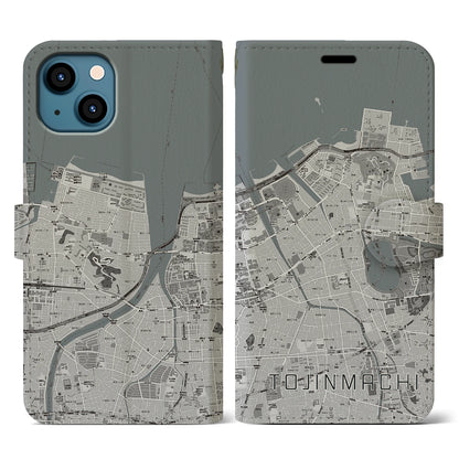 【唐人町（福岡県）】地図柄iPhoneケース（手帳タイプ）モノトーン・iPhone 13 用