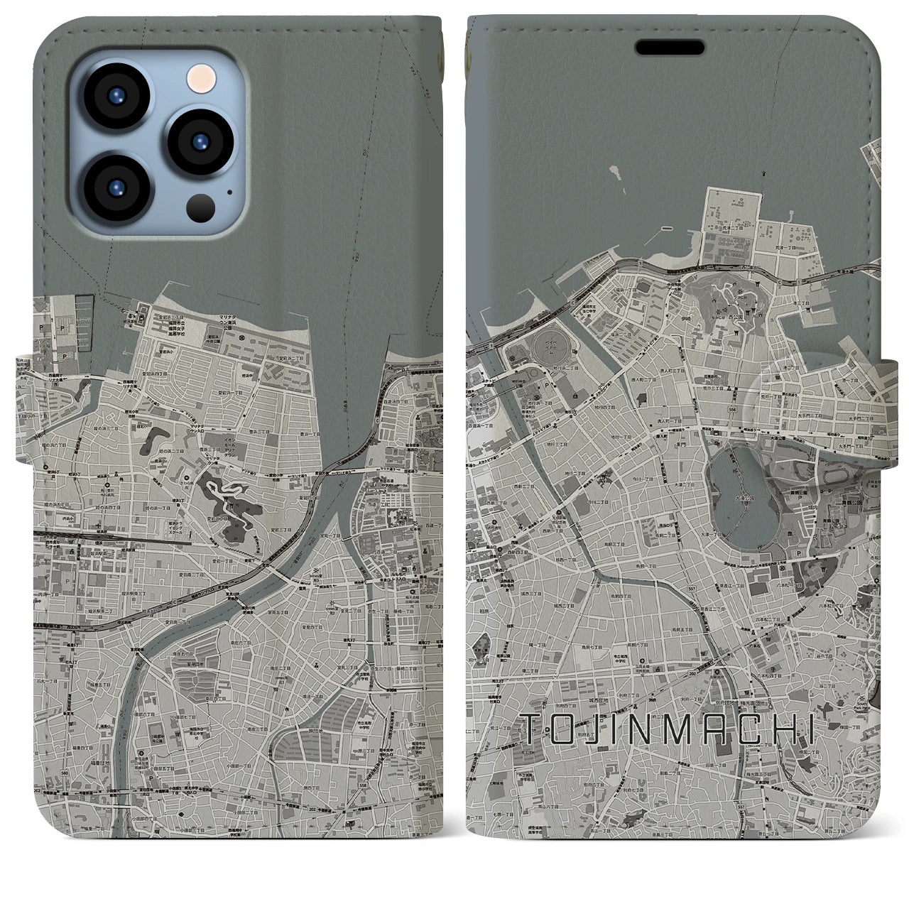 【唐人町】地図柄iPhoneケース（手帳両面タイプ・モノトーン）iPhone 13 Pro Max 用