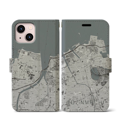 【唐人町（福岡県）】地図柄iPhoneケース（手帳タイプ）モノトーン・iPhone 13 mini 用