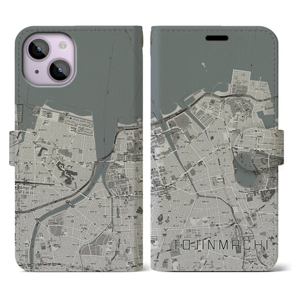 【唐人町（福岡県）】地図柄iPhoneケース（手帳タイプ）モノトーン・iPhone 14 用