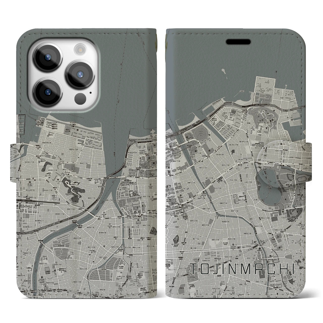 【唐人町】地図柄iPhoneケース（手帳両面タイプ・モノトーン）iPhone 14 Pro 用