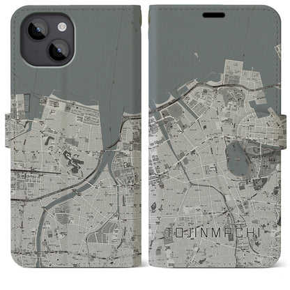 【唐人町（福岡県）】地図柄iPhoneケース（手帳タイプ）モノトーン・iPhone 14 Plus 用