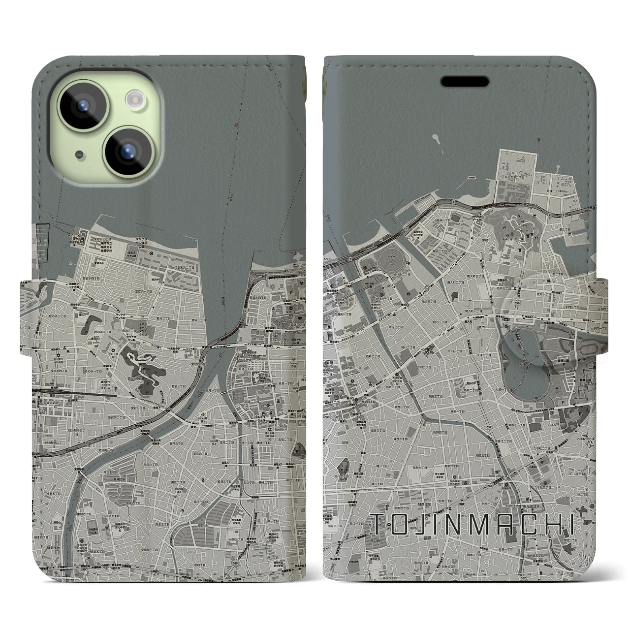【唐人町】地図柄iPhoneケース（手帳両面タイプ・モノトーン）iPhone 15 用