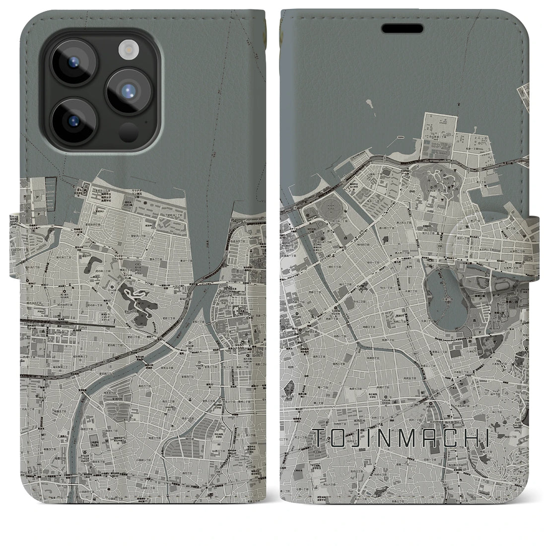 【唐人町】地図柄iPhoneケース（手帳両面タイプ・モノトーン）iPhone 15 Pro Max 用
