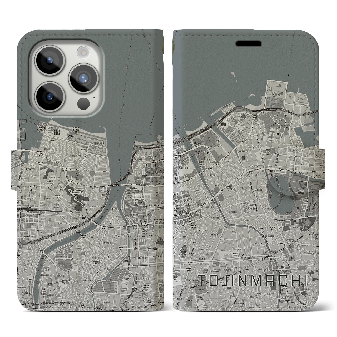 【唐人町】地図柄iPhoneケース（手帳両面タイプ・モノトーン）iPhone 15 Pro 用