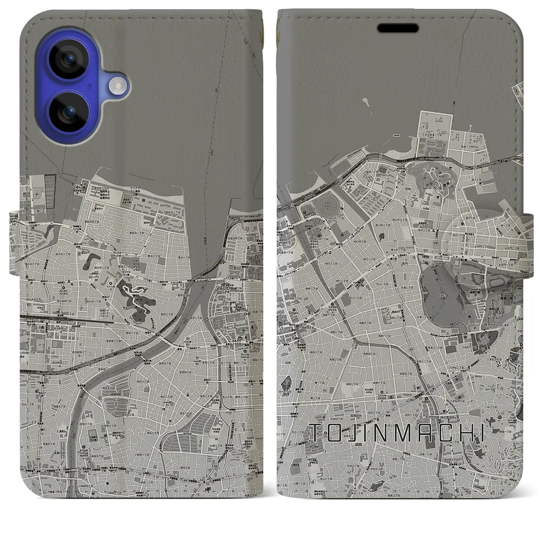 【唐人町(福岡県)】地図柄iPhoneケース(手帳タイプ)モノトーン・iPhone 16 Pro Max 用