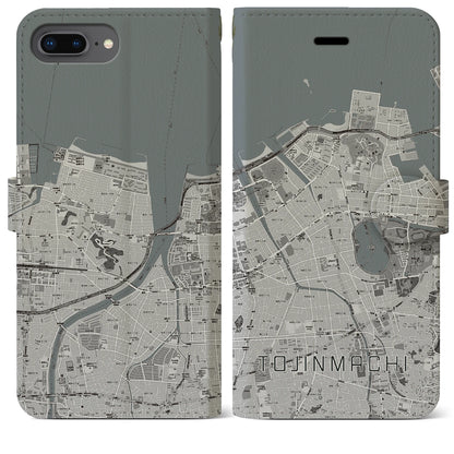 【唐人町（福岡県）】地図柄iPhoneケース（手帳タイプ）モノトーン・iPhone 8Plus /7Plus / 6sPlus / 6Plus 用