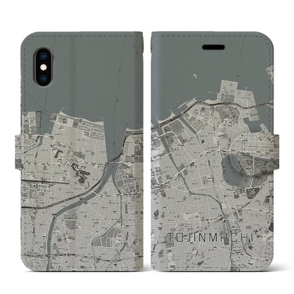 【唐人町（福岡県）】地図柄iPhoneケース（手帳タイプ）モノトーン・iPhone XS / X 用