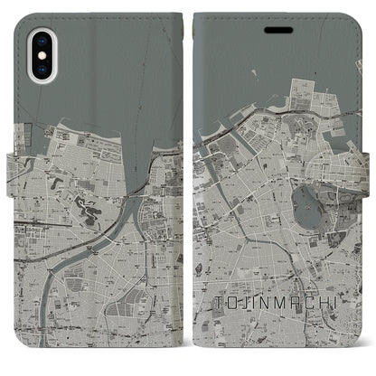 【唐人町（福岡県）】地図柄iPhoneケース（手帳タイプ）モノトーン・iPhone XS Max 用