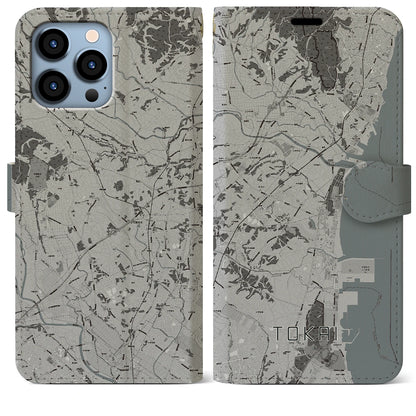 【東海（茨城県）】地図柄iPhoneケース（手帳タイプ）モノトーン・iPhone 13 Pro Max 用