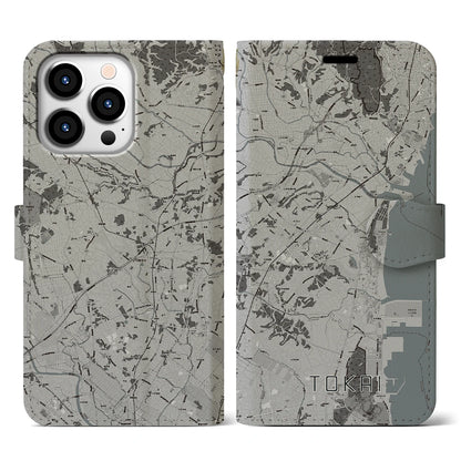 【東海（茨城県）】地図柄iPhoneケース（手帳タイプ）モノトーン・iPhone 13 Pro 用