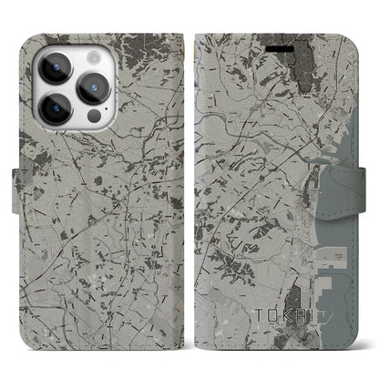 【東海（茨城県）】地図柄iPhoneケース（手帳タイプ）モノトーン・iPhone 14 Pro 用